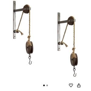Pulley Mounting Brackets With Hook Rustic Vintage Inspired Metal Wood Twine Set